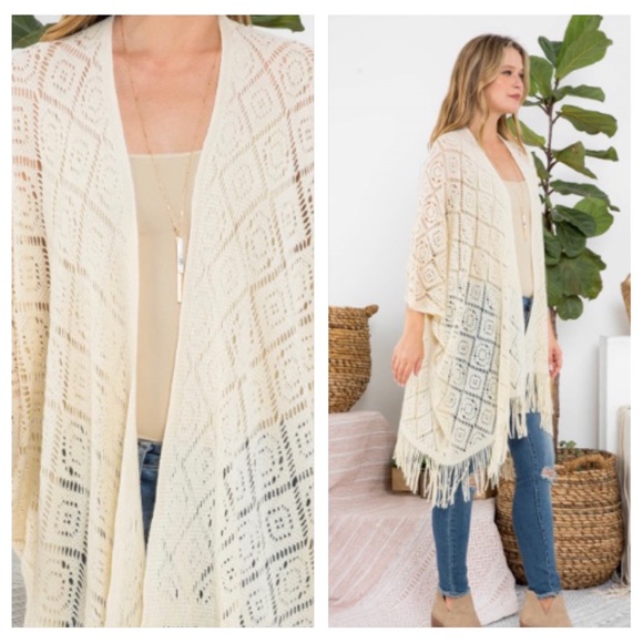 Bohemian Chic Crochet Fringe Swim Coverup Kimono Wrap Robe Sweater Sleeves OSFM - Picture 4 of 7